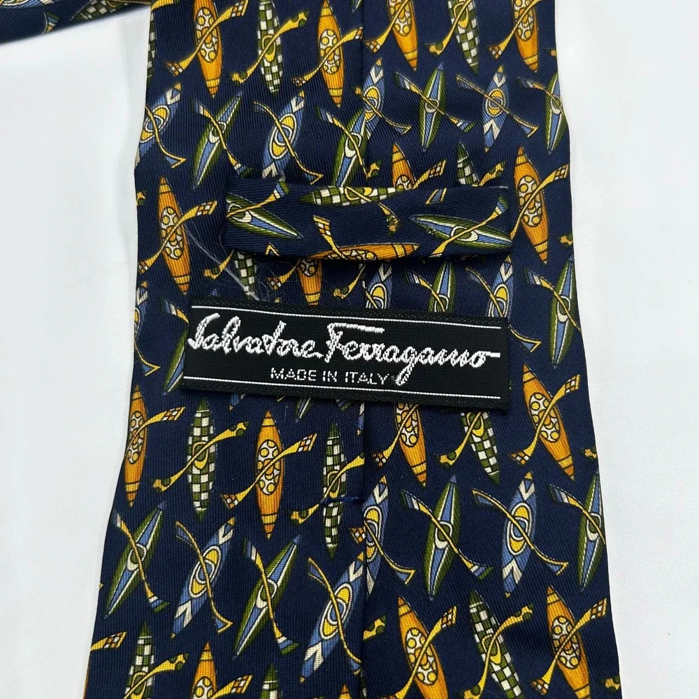 Salvatore Ferragamo Mens Silk Tie Navy Blue Kayak Canoe Oar Novelty Italy